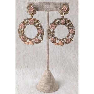 Gold Tone Floral Rhinestone Hoop Earrings | Pink Flowers Statement Dangle